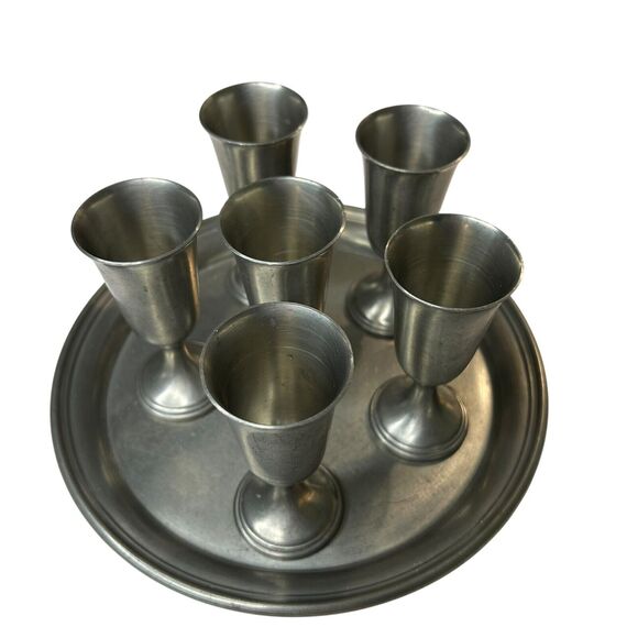 Preisner Pewter No.2023 Tray 8 inch and 6 Cordial Goblet Cups 3.75 inches Tall - Picture 2 of 12